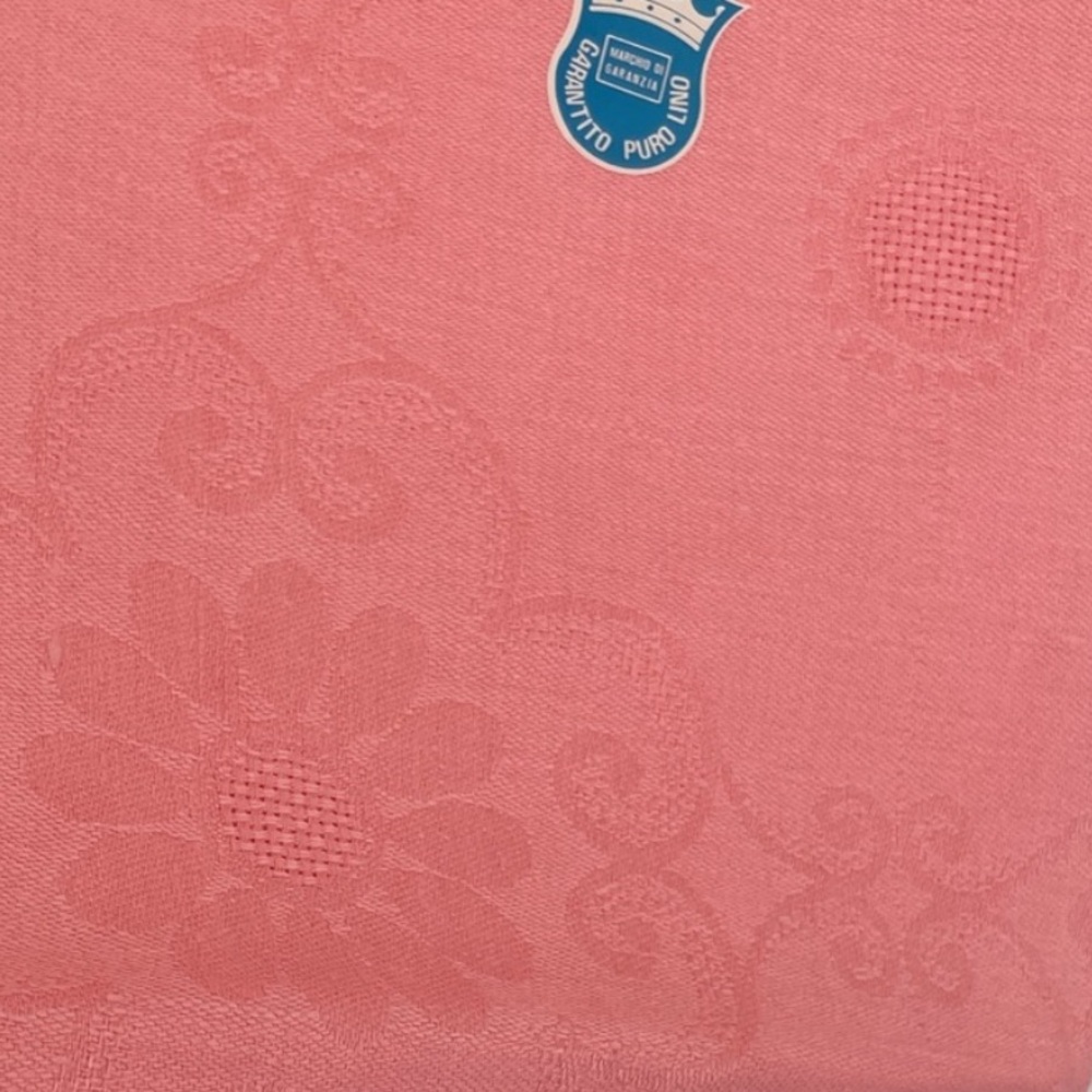 Vintage Italian Pure Linen Floral Tablecloth Pink Edge Stitching NWT